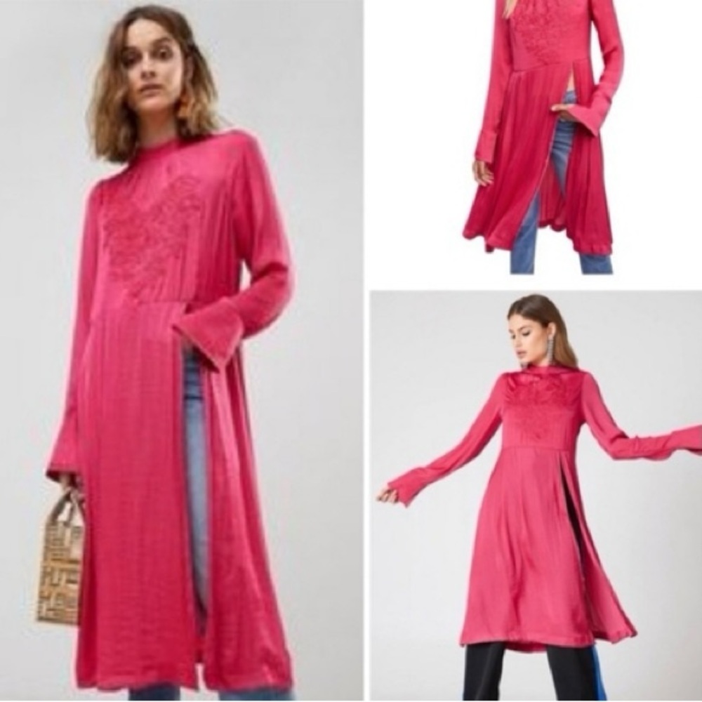 Free People‎ New Day Pink Floral Embroidered Mock Neck Tunic Dress Boho Fairy